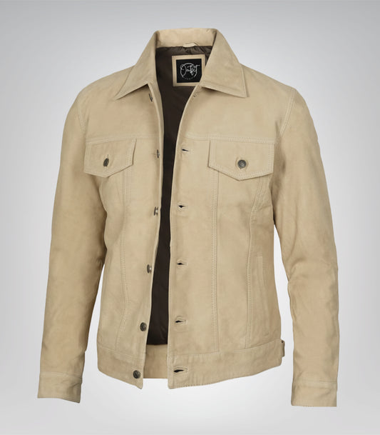 Men’s Classic Camel Real Suede Trucker Jacket Button Front Casual Style
