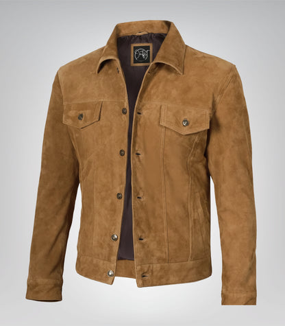 Men’s Real Suede Tan Trucker Jacket Classic Button Front Style