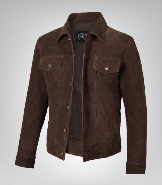 Men’s Real Suede Dark Brown Trucker Jacket Classic Button Front Style