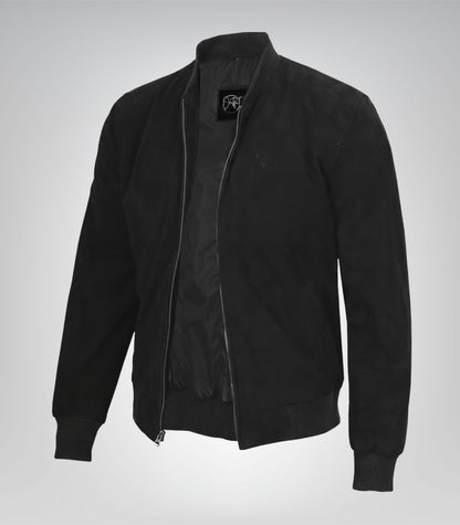Men’s Premium Black Real Suede Bomber Jacket Classic Zip Front Style