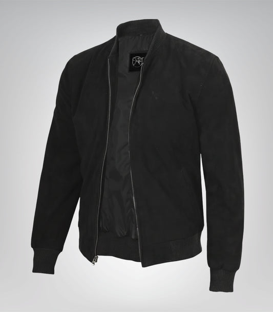 Men’s Premium Black Real Suede Bomber Jacket Classic Zip Front Style