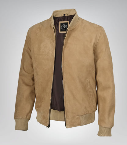 Men’s Camel Brown Real Suede Bomber Jacket Premium Zip Front Style
