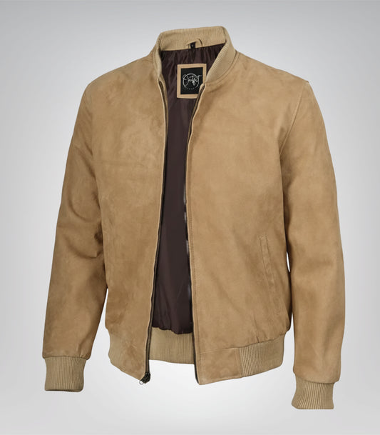 Men’s Camel Brown Real Suede Bomber Jacket Premium Zip Front Style