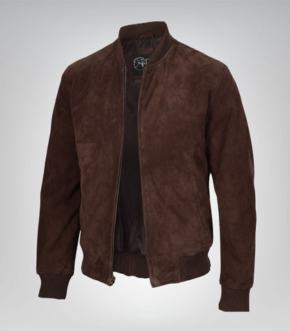 Men’s Dark Brown Real Suede Bomber Jacket Classic Zip Front Style