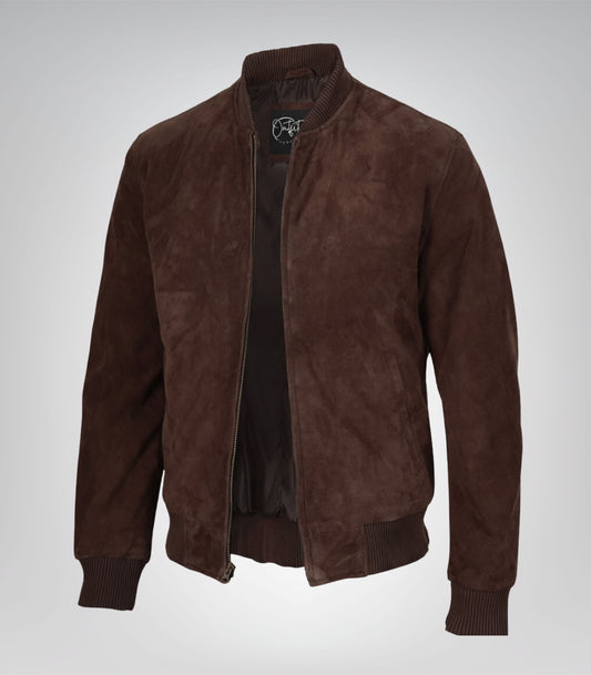 Men’s Dark Brown Real Suede Bomber Jacket Classic Zip Front Style