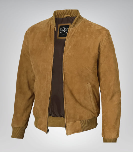Men’s Light Brown Real Suede Bomber Jacket Classic Zip Front Style