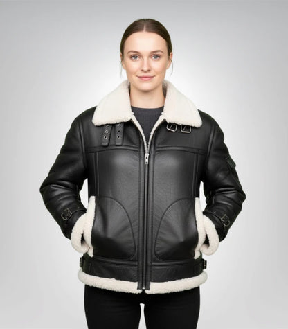 Women's B-3 black sheepskin leather bomber jacket – classic aviator design