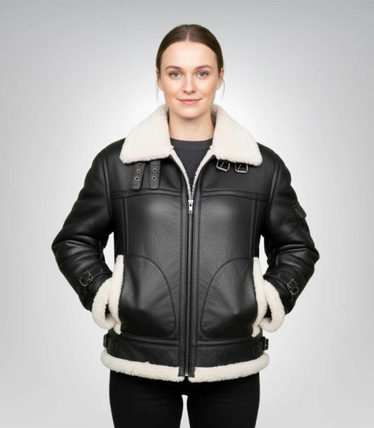 Women's B-3 black sheepskin leather bomber jacket – classic aviator design
