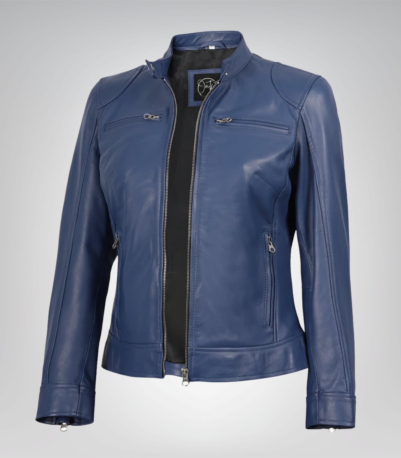 Women’s blue genuine leather moto jacket with modern fit