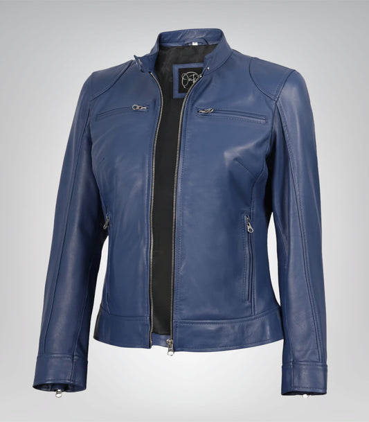 Women’s blue genuine leather moto jacket with modern fit