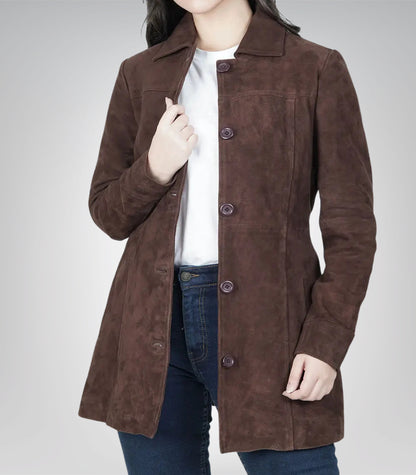 Women’s Dark Brown Suede Button-Down Coat 3/4 Length Real Suede Jacket