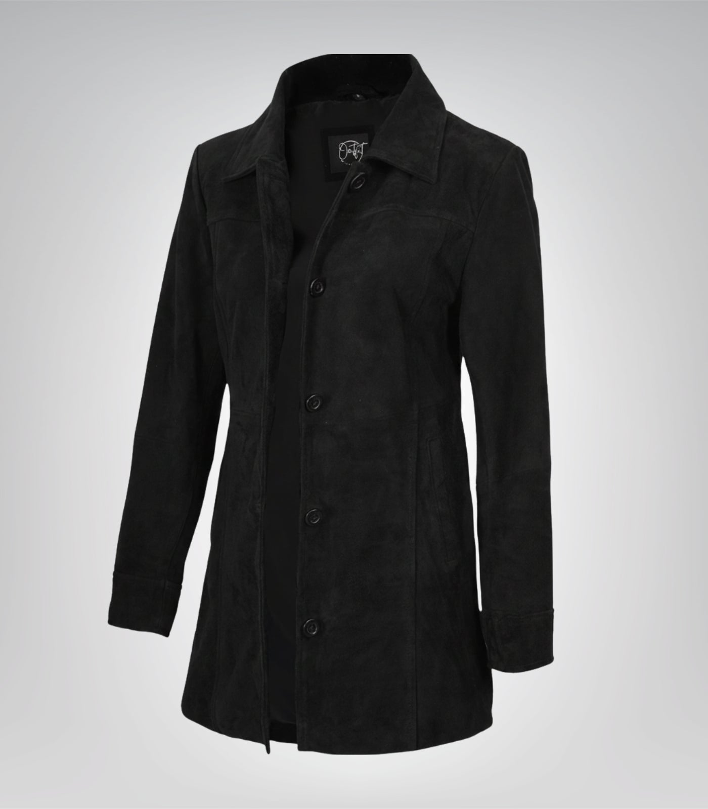 Women’s Black Suede Button-Down Coat 3/4 Length Real Suede Jacket