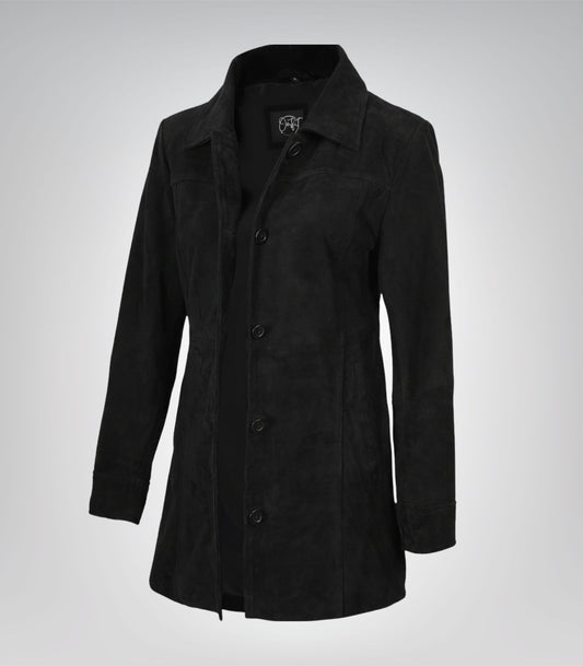 Women’s Black Suede Button-Down Coat 3/4 Length Real Suede Jacket