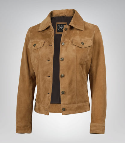 Women’s Light Brown Suede Trucker Jacket Real Suede Button-Front Jacket