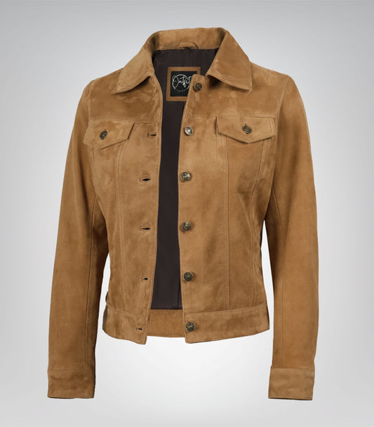 Women’s Light Brown Suede Trucker Jacket Real Suede Button-Front Jacket