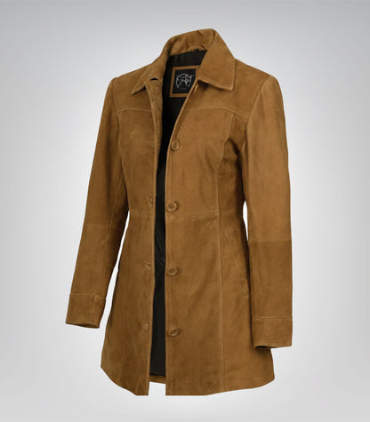 Women’s 3/4 Length Camel Brown Suede Button-Down Coat Real Suede Jacket