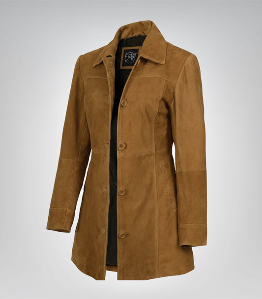 Women’s 3/4 Length Camel Brown Suede Button-Down Coat Real Suede Jacket