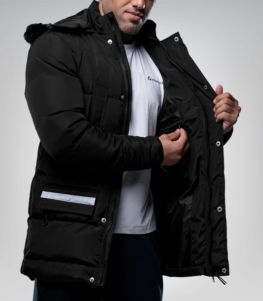 Melvin Long Men’s Black Puffer Jacket Insulated Winter Coat with Faux Fur Trim Hood, Water &amp; Wind Resistant