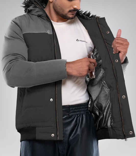 Walter Men’s Duck Down Dark Gray Puffer Jacket with Hood 700 Fill Power Insulated Winter Coat