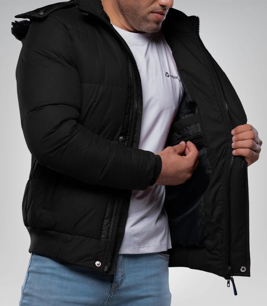 Desmond Men’s Black Puffer Jacket with Faux Fur Hood Lightweight Water-Resistant Winter Coat