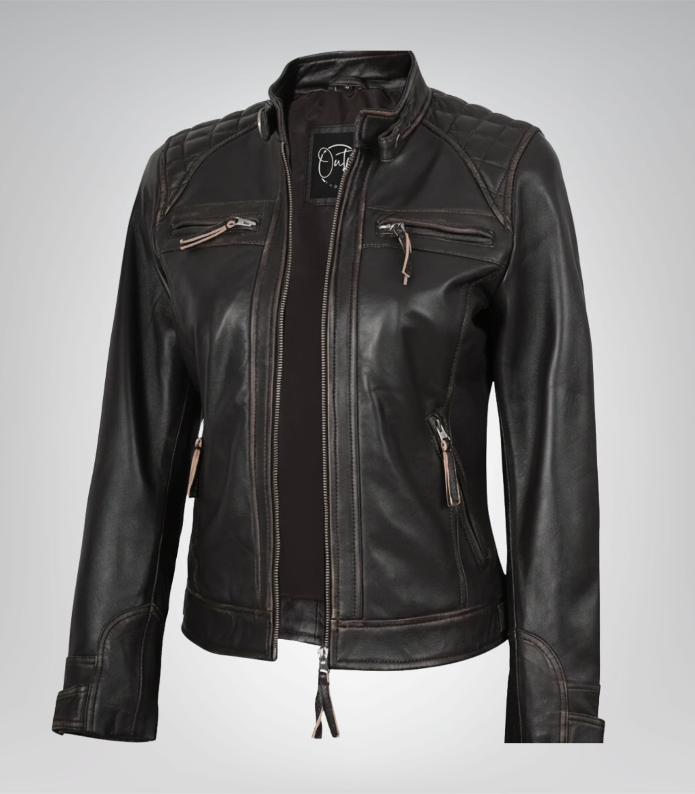 Women’s distressed brown genuine leather quilted biker jacket
