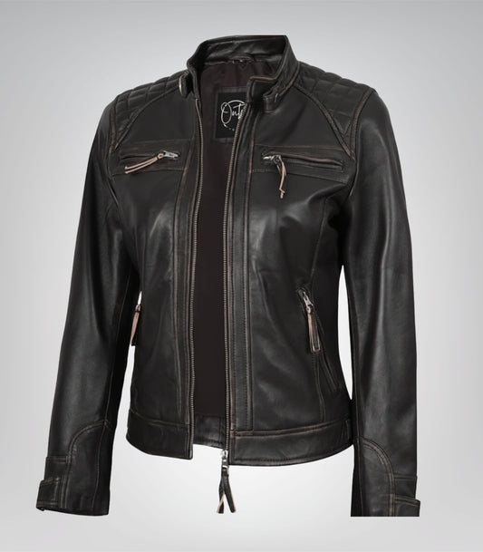 Women’s distressed brown genuine leather quilted biker jacket