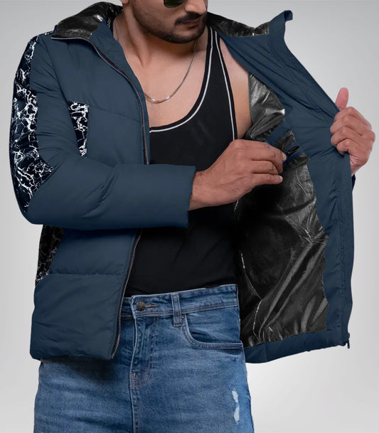 Karter Men’s Duck Down Navy Blue Patterned Puffer Jacket with Hood 700 Fill Power Insulated Winter Coat