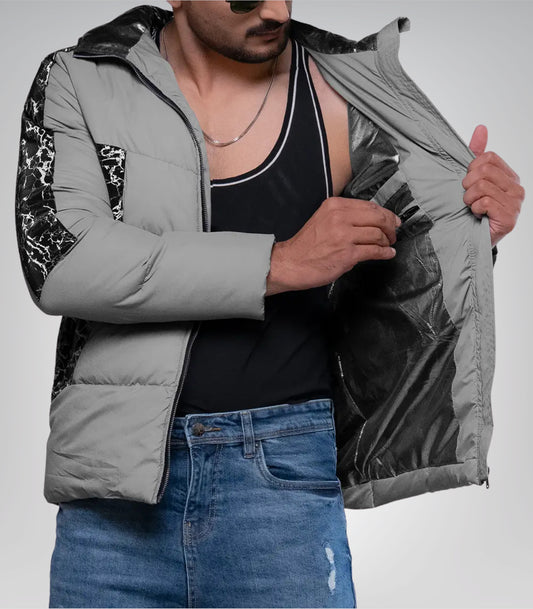 Karter Men’s Duck Down Light Gray Patterned Puffer Jacket with Hood 700 Fill Power Insulated Winter Coat