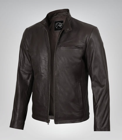 Men’s dark brown cowhide leather motorcycle jacket in premium biker style