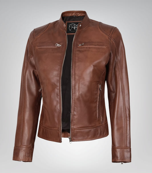 Women’s distressed brown genuine leather quilted biker jacket