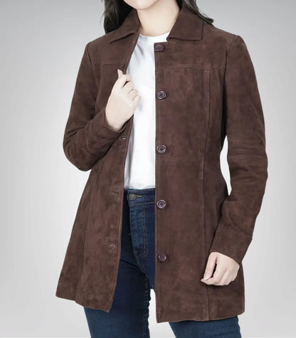 Women’s dark brown suede leather coat – classic button-down long style