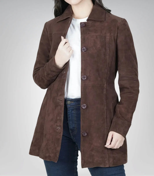 Women’s dark brown suede leather coat – classic button-down long style