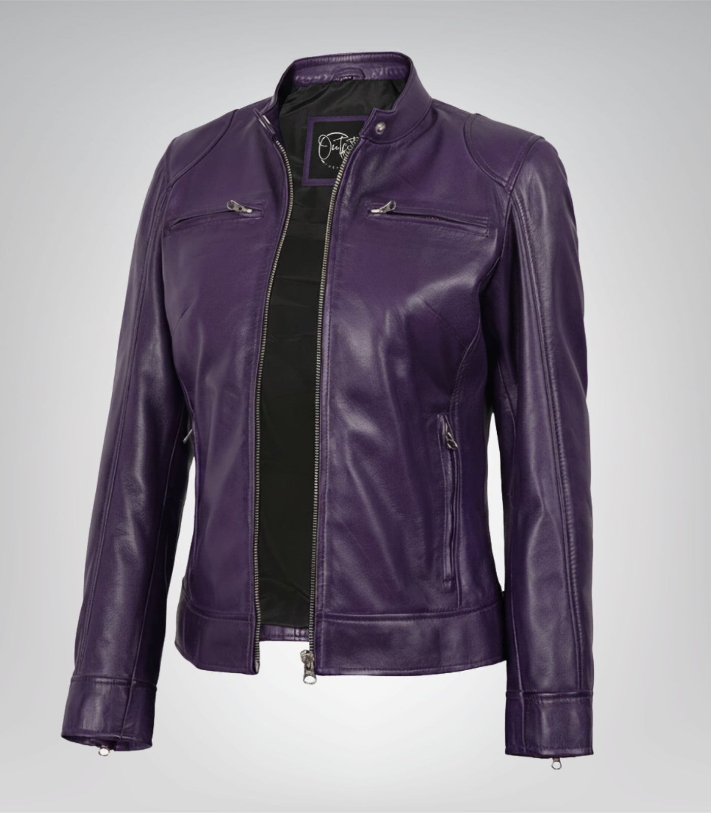 Dodge women’s purple lambskin leather biker jacket
