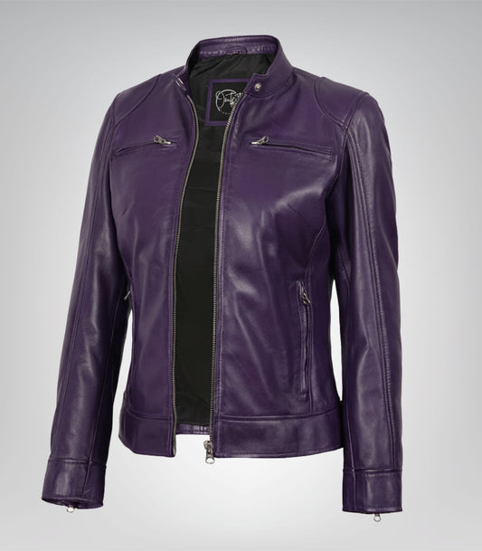 Dodge women’s purple lambskin leather biker jacket