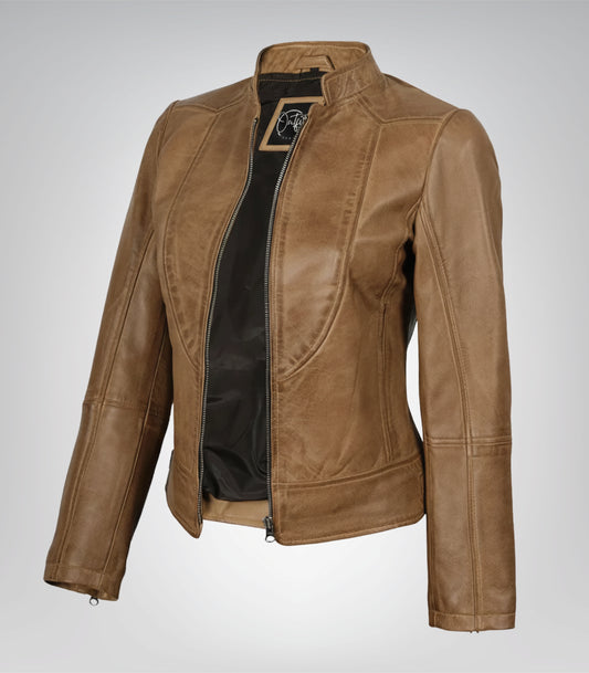 Amy women’s camel brown genuine leather biker jacket