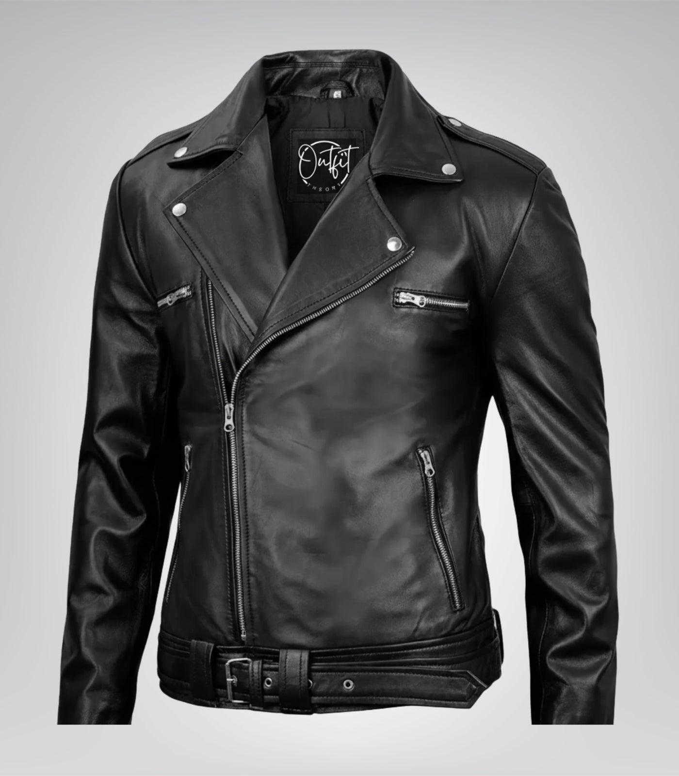 Negan men’s black genuine leather motorcycle jacket with asymmetrical zip and belted waist