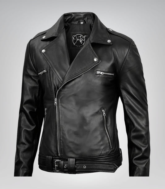Negan men’s black genuine leather motorcycle jacket with asymmetrical zip and belted waist