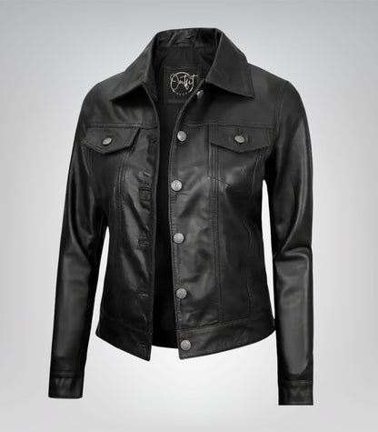 Women’s black lambskin moto trucker jacket with four pockets
