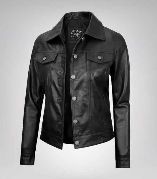 Women’s black lambskin moto trucker jacket with four pockets