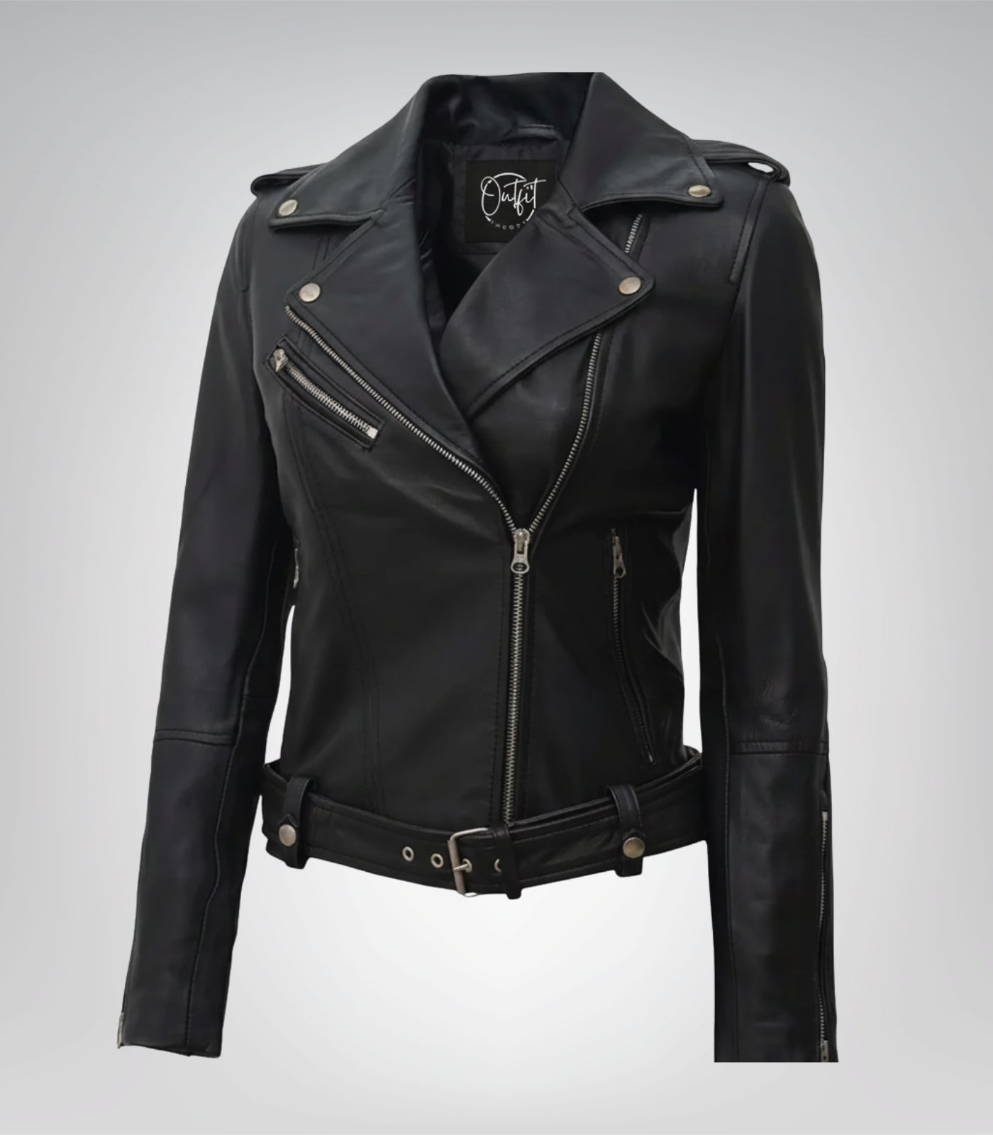 Margaret women’s genuine black leather biker jacket with belt