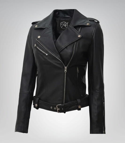 Margaret women’s genuine black leather biker jacket with belt