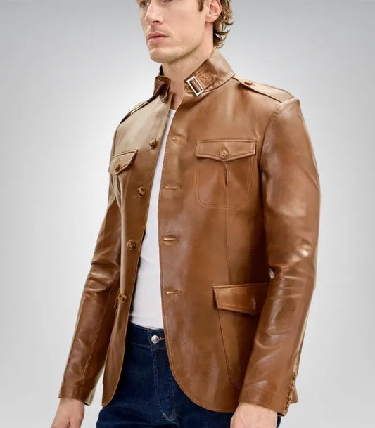 Men’s brown lambskin leather shirt jacket – slim-fit biker style