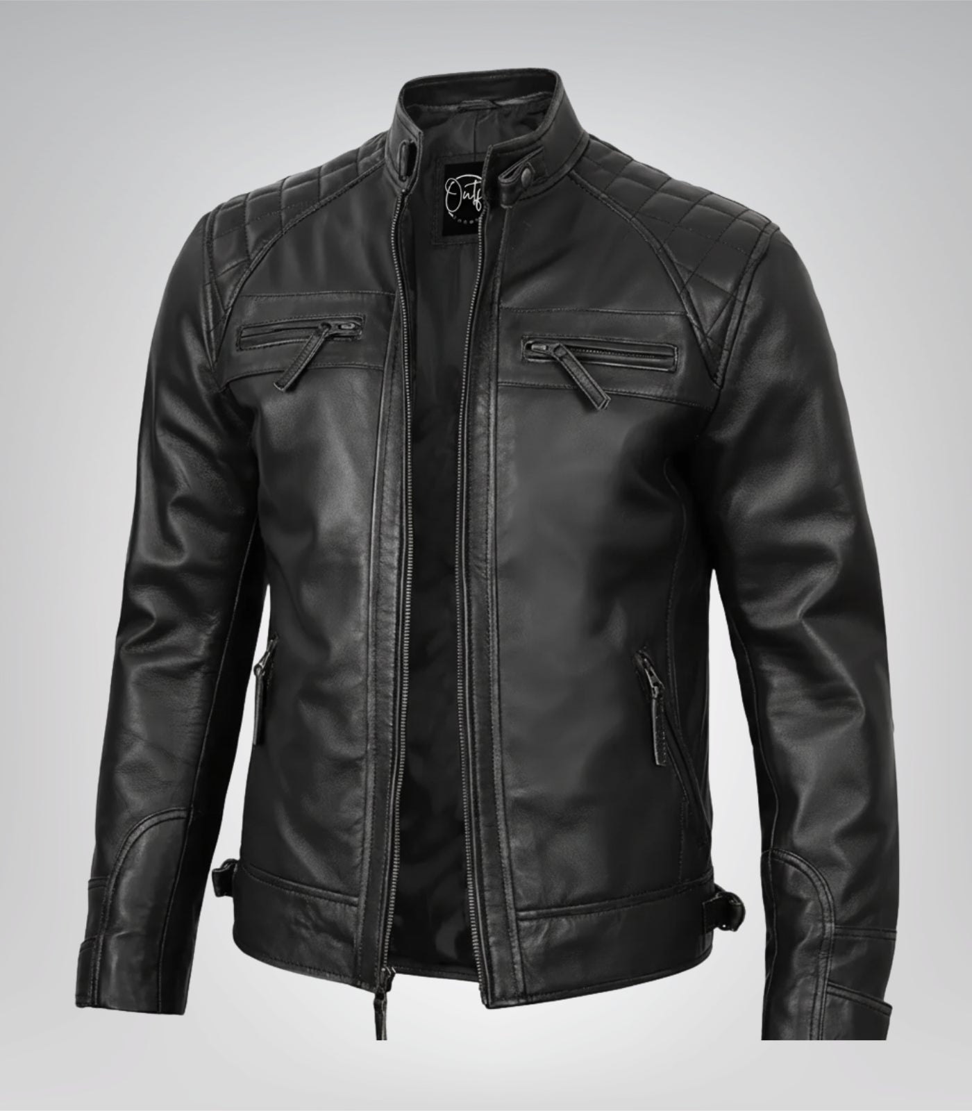Men’s classic black leather motorcycle jacket with quilted shoulders