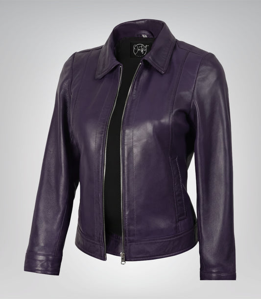 Women’s purple leather moto jacket with shirt collar