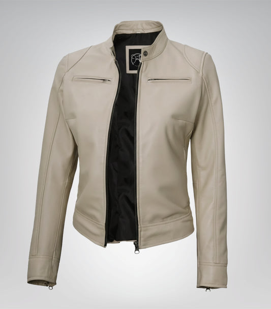 Beige leather moto jacket for women with Dodge-inspired design