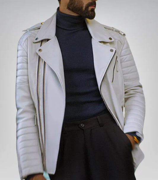 White genuine leather motorcycle jacket for men – slim-fit zipper design