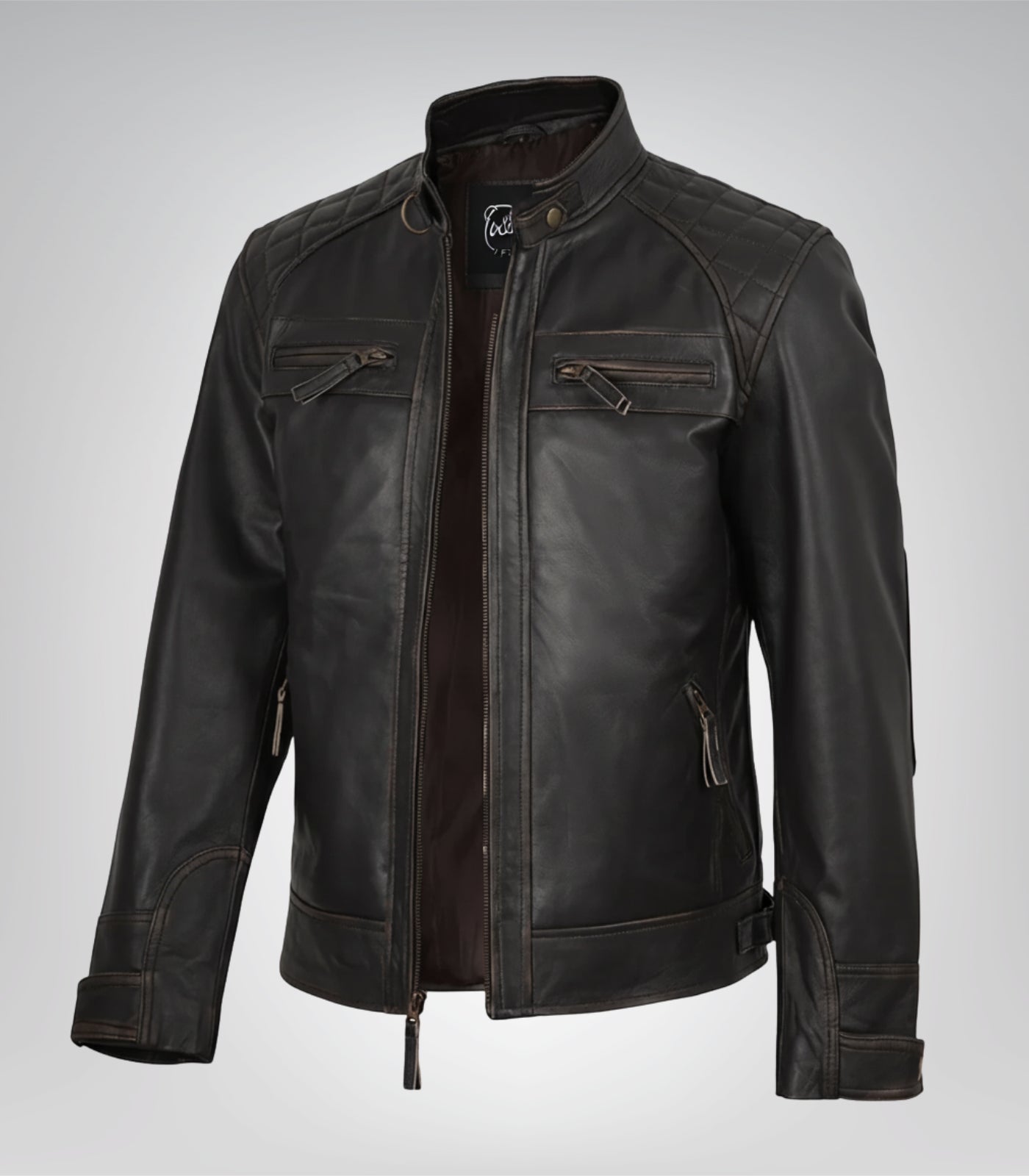 Men’s distressed brown genuine leather biker jacket with quilted shoulder design