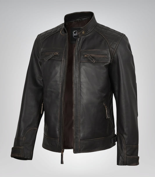 Men’s distressed brown genuine leather biker jacket with quilted shoulder design