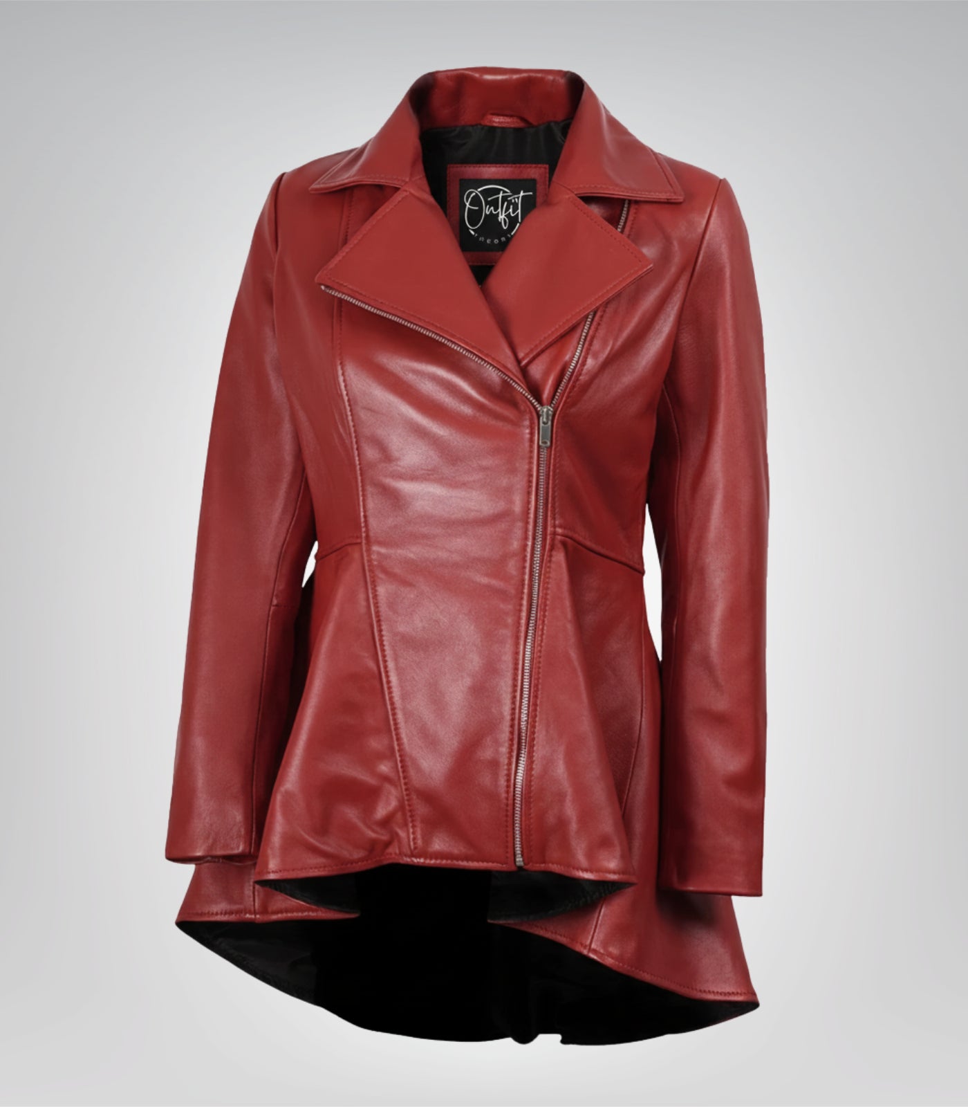 Women’s luxe red peplum leather jacket with diagonal zip closure