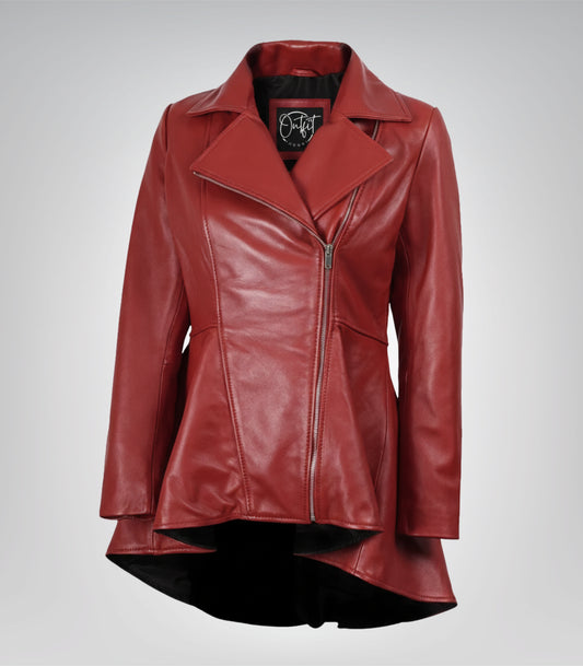 Women’s luxe red peplum leather jacket with diagonal zip closure